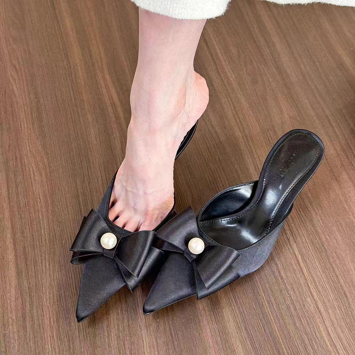 

Baotou полутапочки женские 2024 новые летние модные босоножки на высоком каблуке с острым носком, тапочки, сплошные мюли, шлепанцы, обувь 35 чёрный