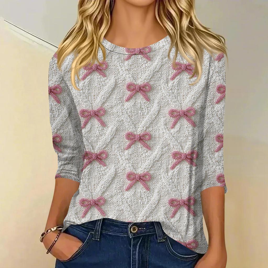 Women's Fashionable Casual Three-Quarter Sleeve Christmas Print Round Neck Top