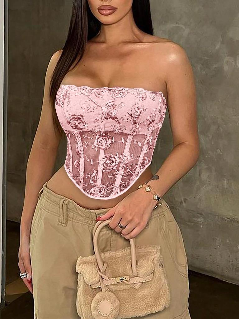 Rose Beauty A Rave Sweetness Valentine's Day Mesh Rose Floral Embroidery Backless See Through Bandana Hem Boned Corset Bodyshaper Crop Tube Top