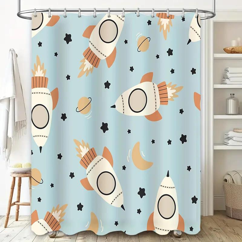 Adorable Space Rockets Shower Curtain Modern Space Rocket Moon Pattern Bathroom Curtains, Decorative Curtains Waterproof