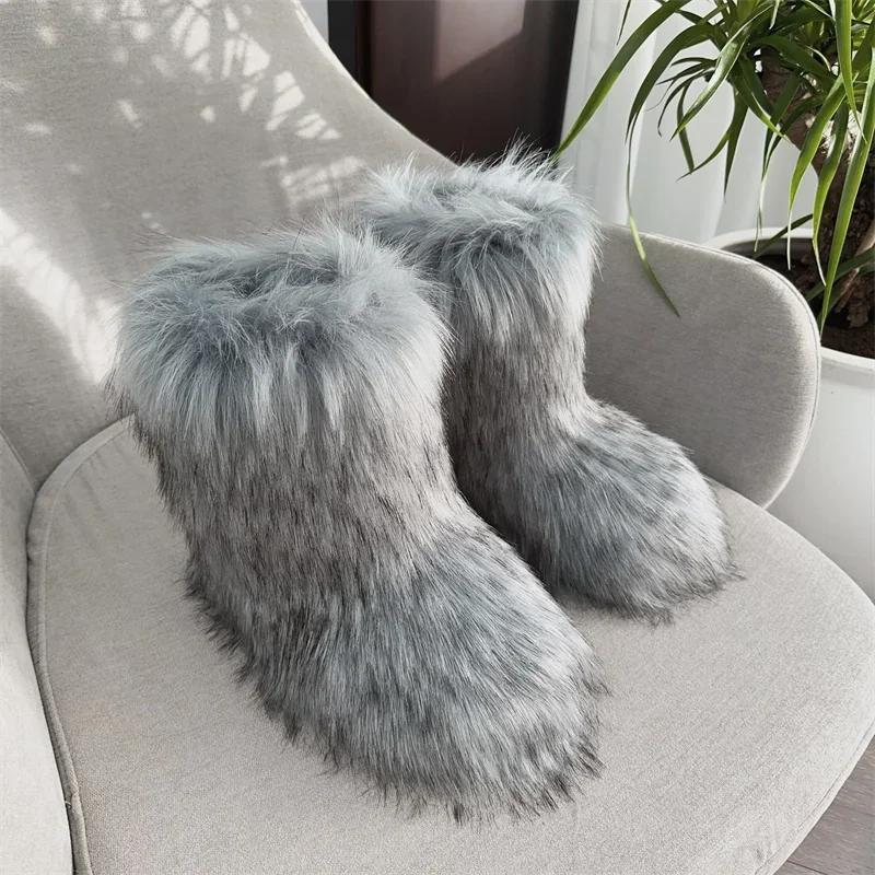 Fashion New Winter Fur Onepiece Raccoon Fur Female Snow Boots Fur Shoes Outdoor Mid Leg Boots