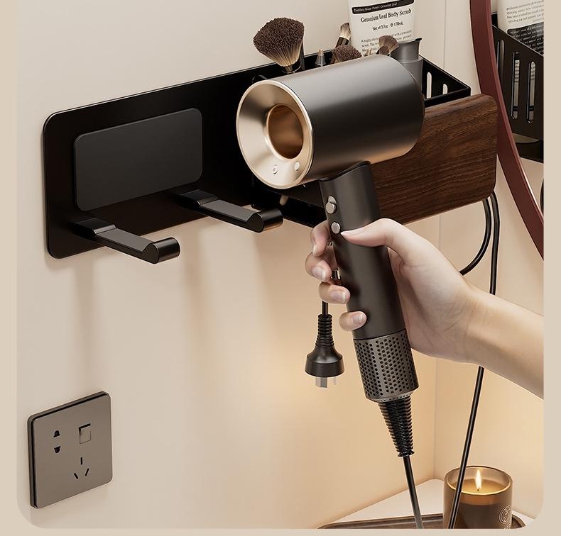 Walnut Hair Dryer & Makeup Brush Organizer, No-Drill Wall Mount