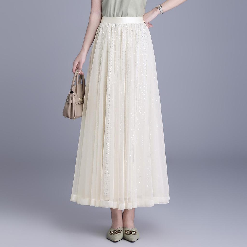 Spring 2026 Sequin Mesh A-line Midi Skirt - Slimming, Drapey, Fashionable, Casual Wear