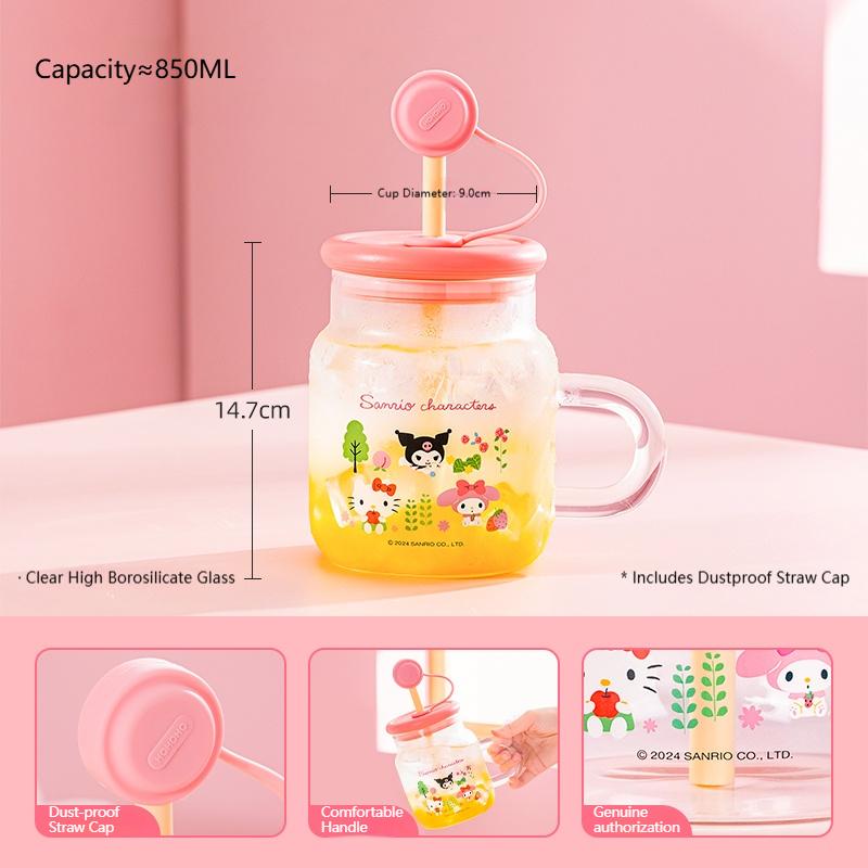 For Sanrio High Borosilicate Glass Straw Glass Cup Heat-resistant Water Mug with Handle Cartoon Pattern Cold&Hot Drink Juice Cup