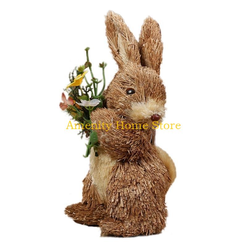 F26C Natural Straw Rabbit Figurine Easter Decors Sculpture for Safe Nontoxic Home Decors Table Desk Placement