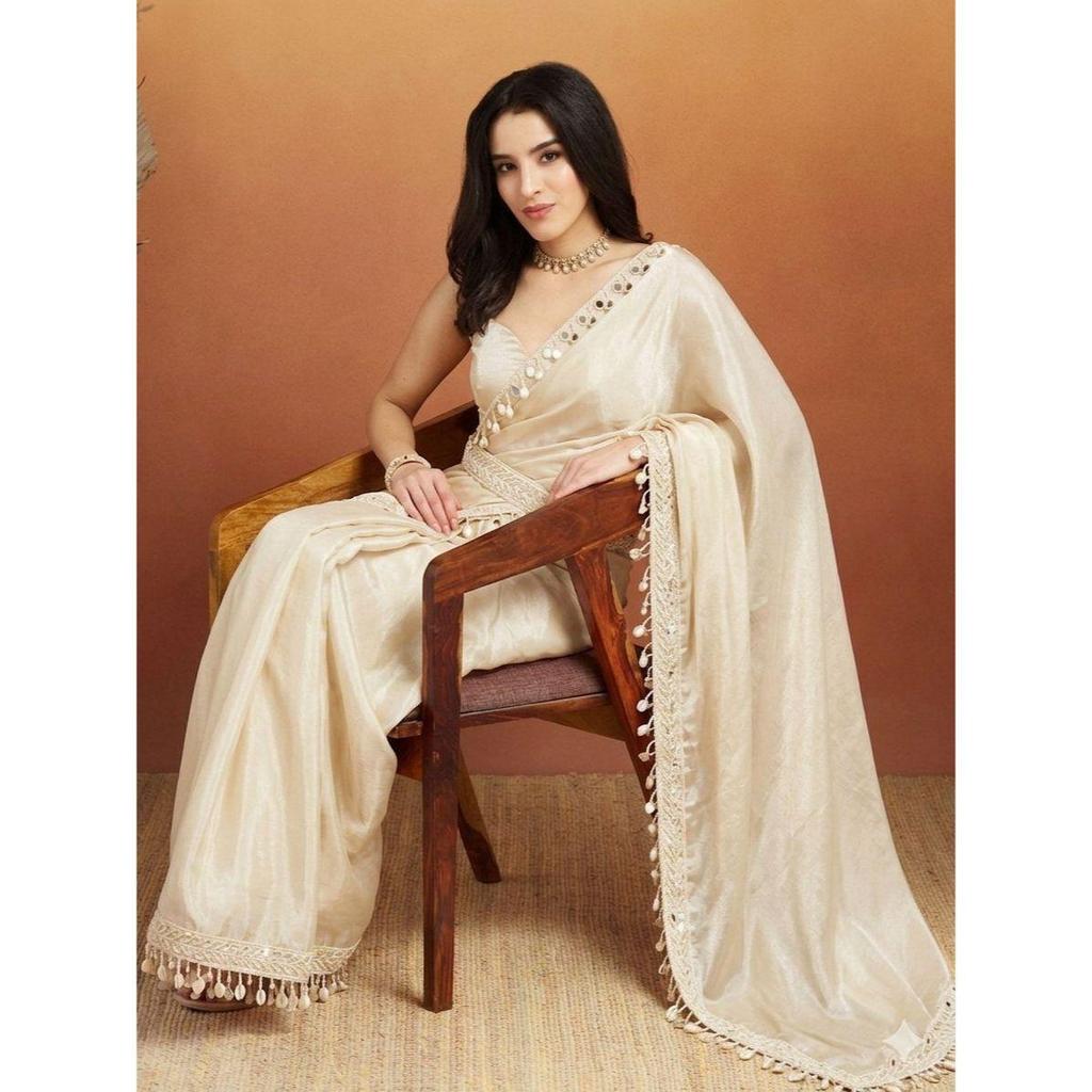 Elegant Mirror Work Fandy Satin Satin Saree Collection