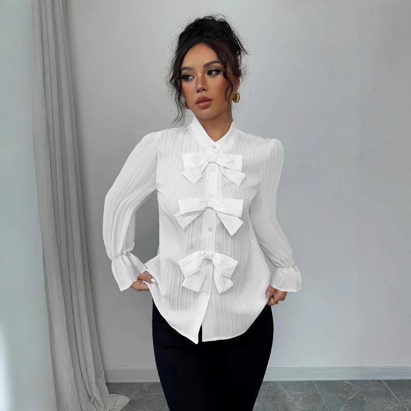 Women S French Style Long Sleeve Shirt With Bow Decoration