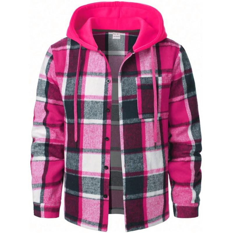 Mens Warm Hooded Plaid Shirt Loose Fit Casual American Style Jacket