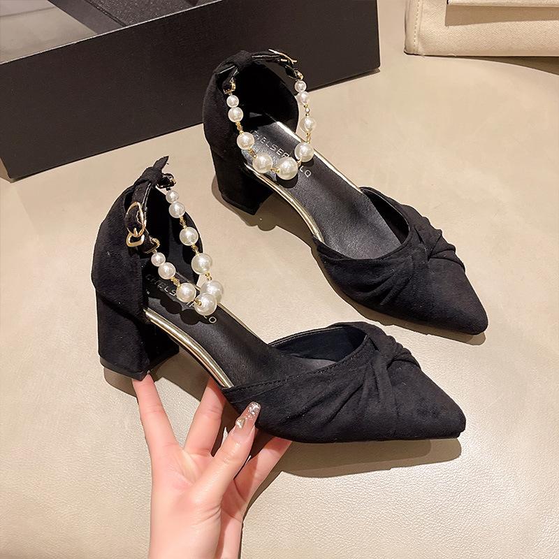 With skirt pearl high heels women's spring and summer new medium thick heel pointed head shallow mouth hollow sandals