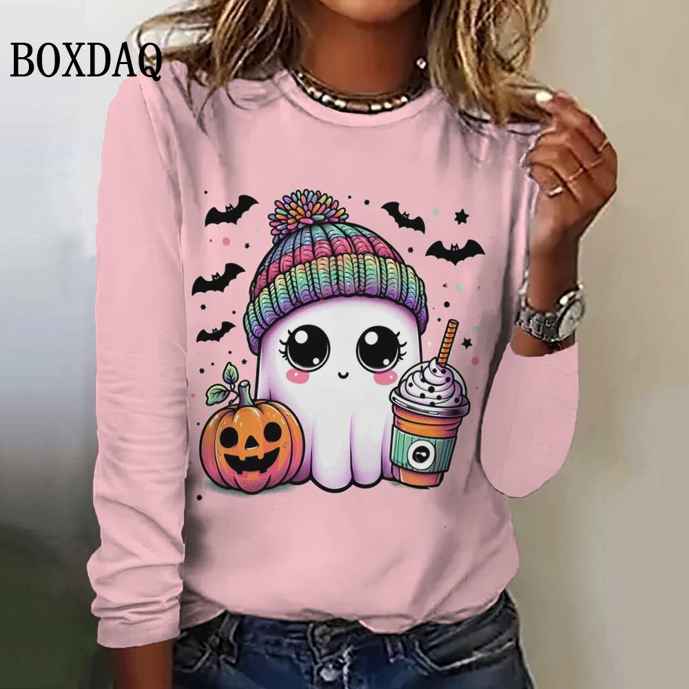 Cute Cartoon Women's Long Sleeved T-Shirts Halloween Ghost Round-Neck Loose Clothing Fashions Festival Casual Ladies Shirts Tops