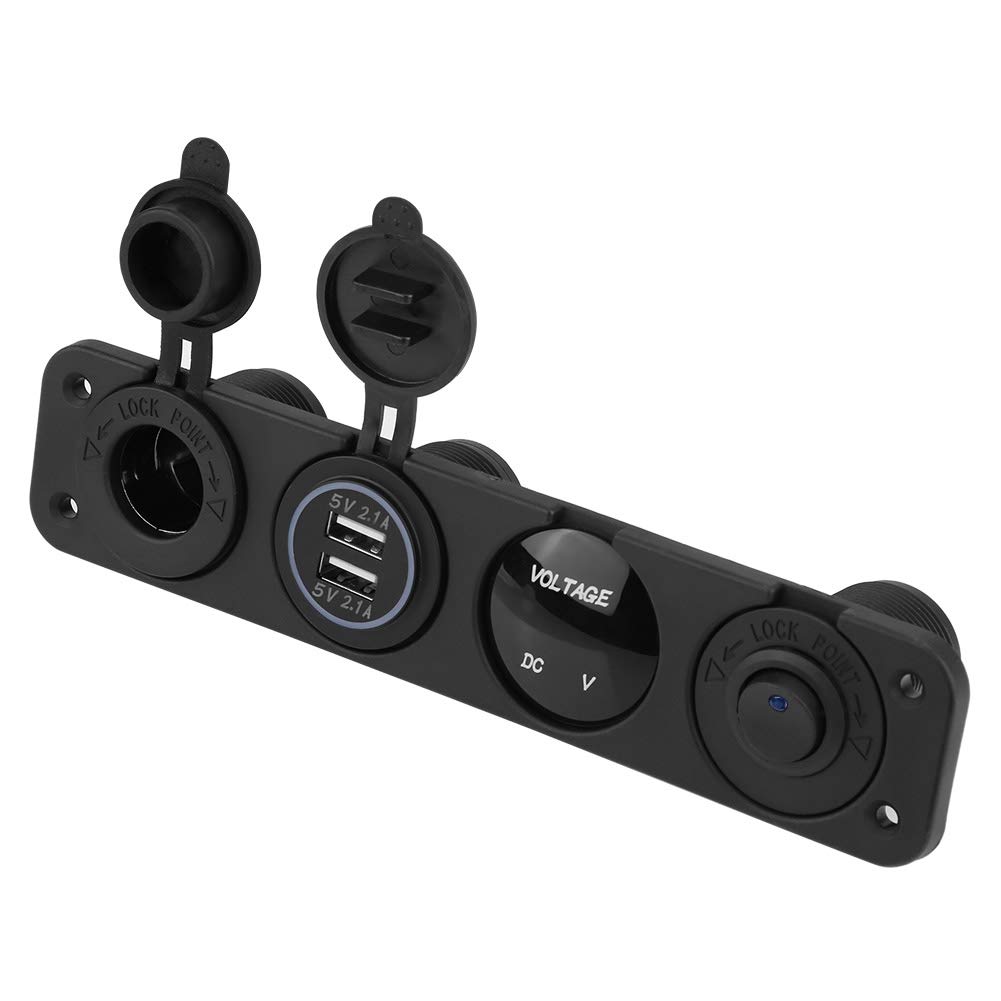 Switch Panel, 12-24V LED Dual USB Charger Voltmeter, Cigarette Lighter Power Outlet, 4 Hole
