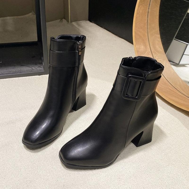 Martin Boots Autumn and Winter New British Style Pointed High-heeled Short Boots Belt Buckle Side Zipper Boots