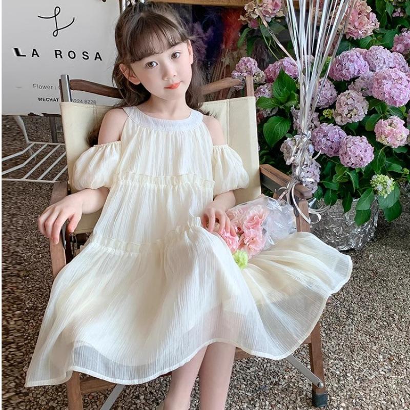 Girls Short Sleeve Chiffon A-Line Summer Dress Off-Shoulder Princess Tiered Skirt 120