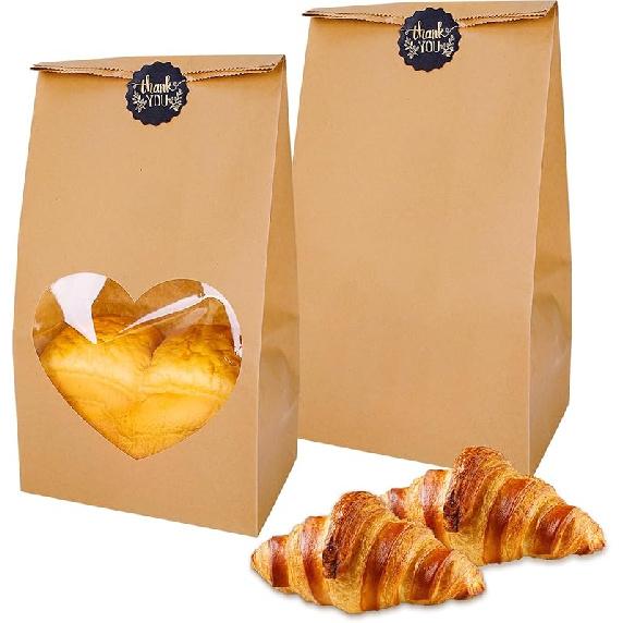 Whaline Christmas Paper Bread Bags 25Pcs Homemade Bread Storage Bags with Xmas Tree Window and 30Pcs Labels Kraft Paper Bakery Packaging Bags for Kraft Heart