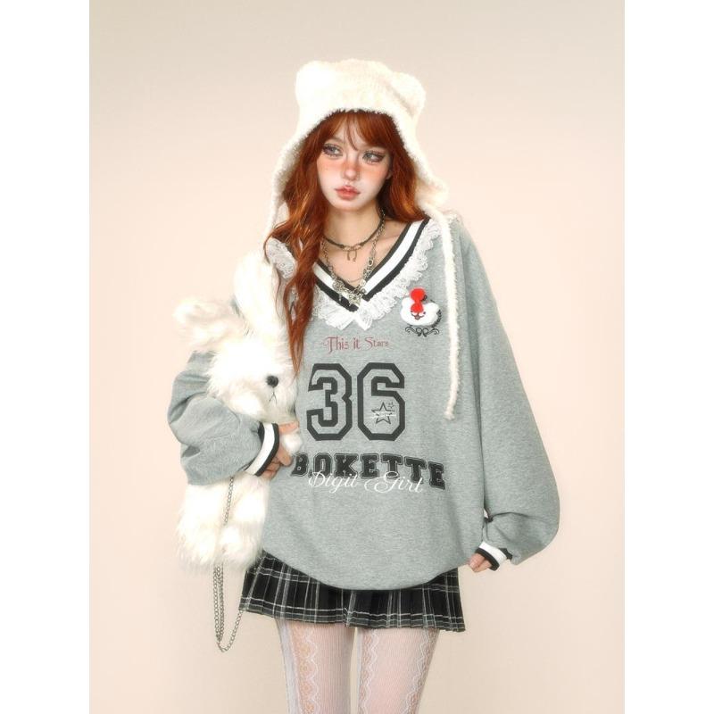 Lace Women's V-neck Sweatshirt Long Sleeved Number Pattern New Pullover Shirt Spring and Autumn Korean Version Lady Top