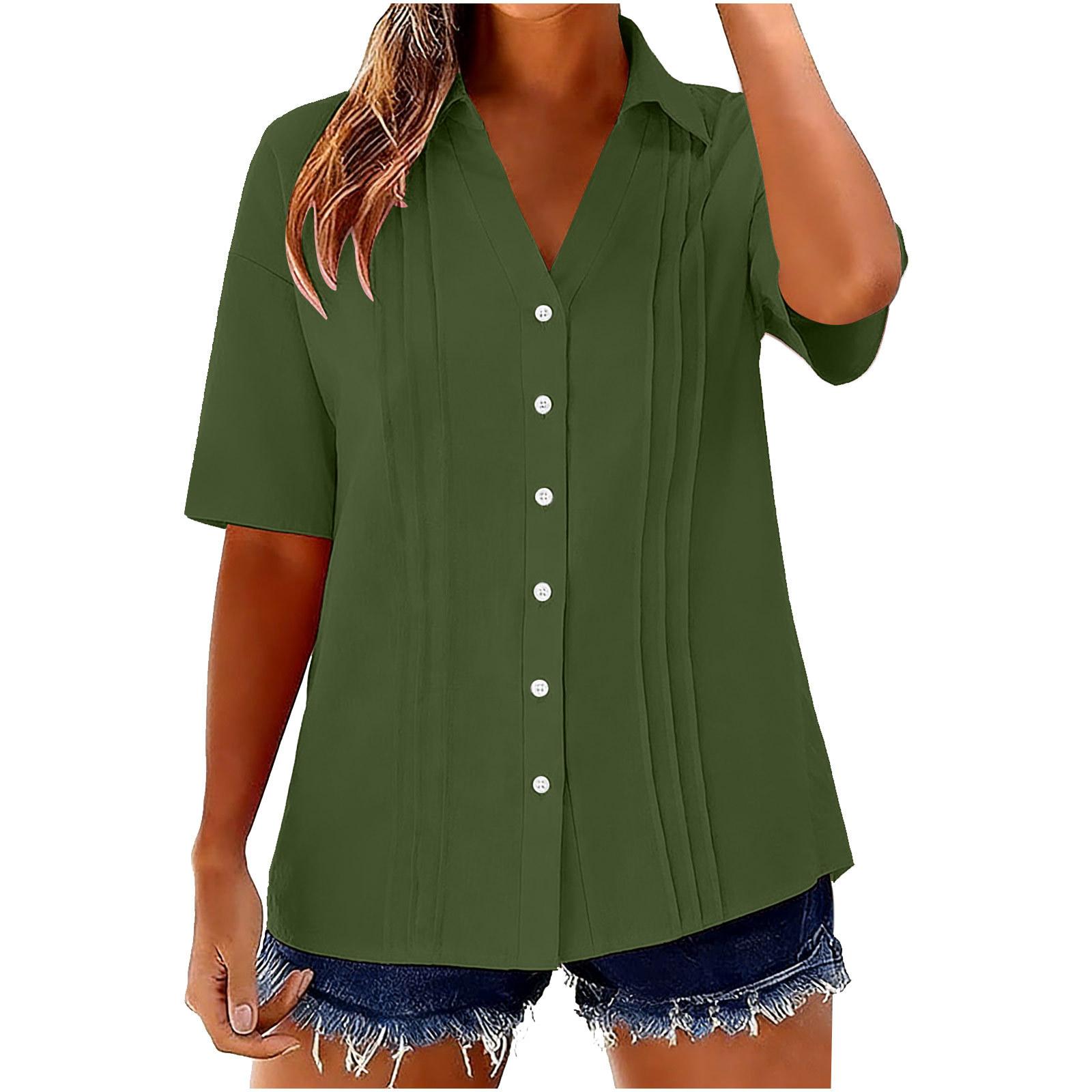 Women s Fashion -Color Cotton-Linen Collared Shirt: Short-Sleeve Button-Down Pleated Top L армия зеленый