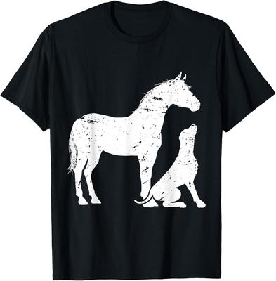 Horse and Dog Silhouette Graphic Tee Distressed Print Casual T-Shirt for Equine Lovers