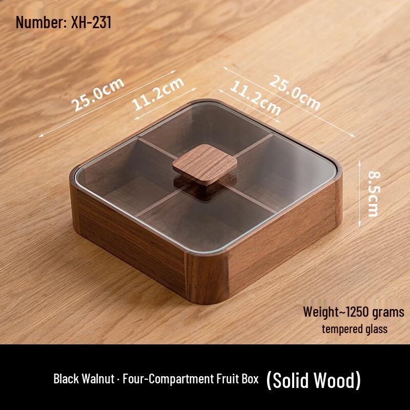 Black Walnut Solid Wood Divided Snack Box with Lid
