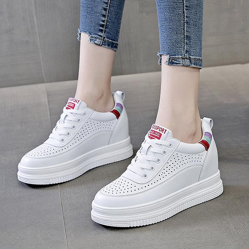 2026 Spring Summer Women's White Platform Sneakers Genuine Leather Wedge Hidden Heel 7cm Casual Walking Shoes Breathable