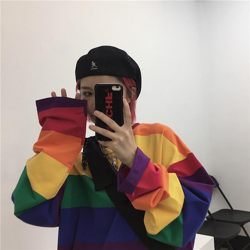 Scione Rainbow Striped Women T Shirts Harajuku Female Tops Long Sleeves Oversize O-Neck Casual T-shirts