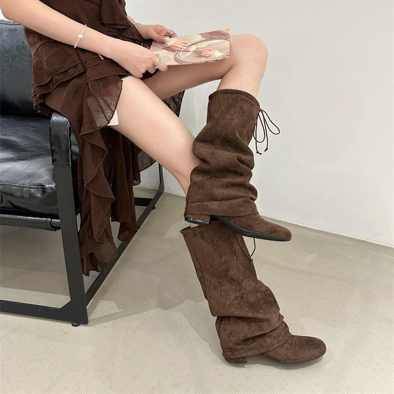 2025 autumn and winter new retro pleated stacking boots women's thick heel high knight boots medium heel boots western cowboy boots