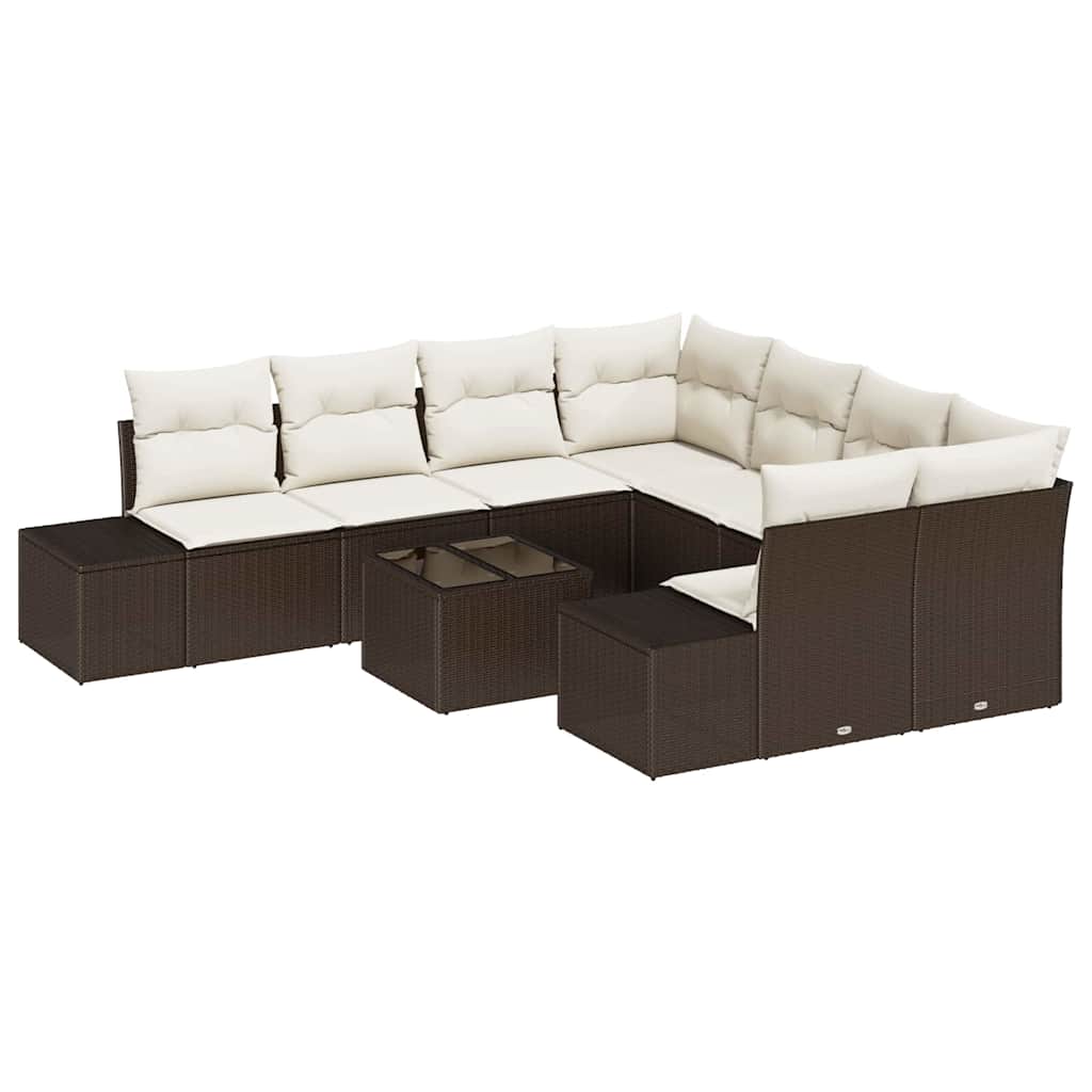 9 Piece Brown Poly Rattan Sofa Set with Cushions