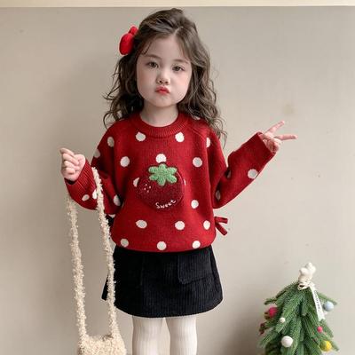 Meng Tangtang 2025 Winter Girls' Strawberry Wool Sweater - Cartoon Design for New Year Outfits