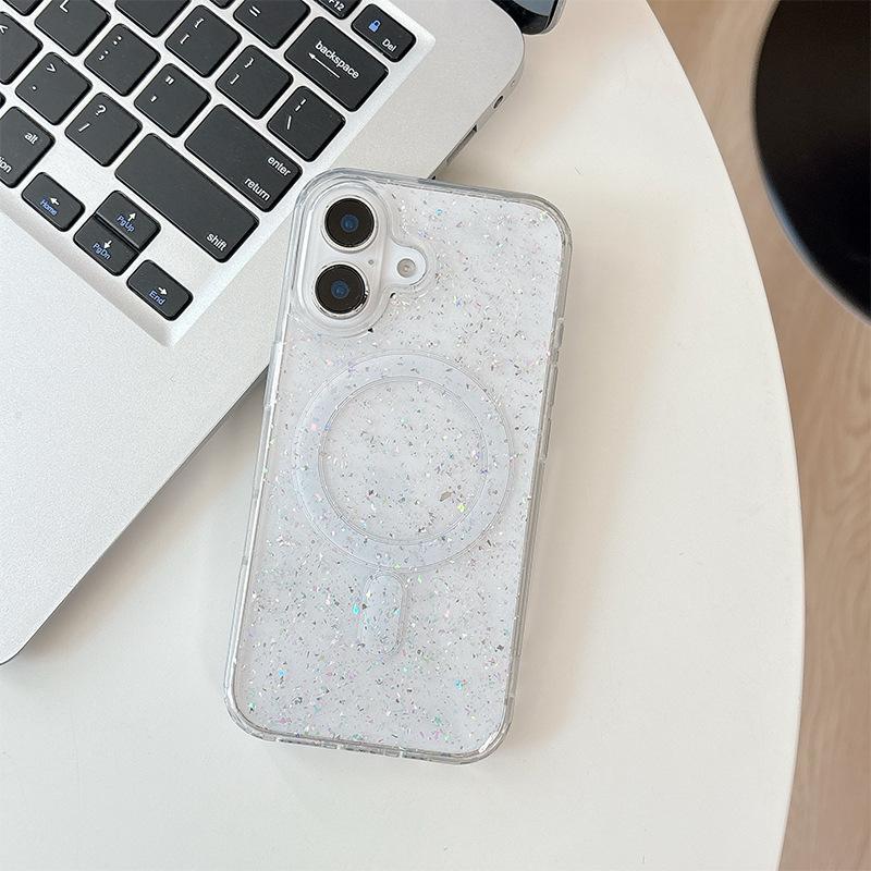 Applicable to Apple 16Promax transparent glitter star 17 sequin magnetic mobile phone case Iphone15 Epoxy soft case
