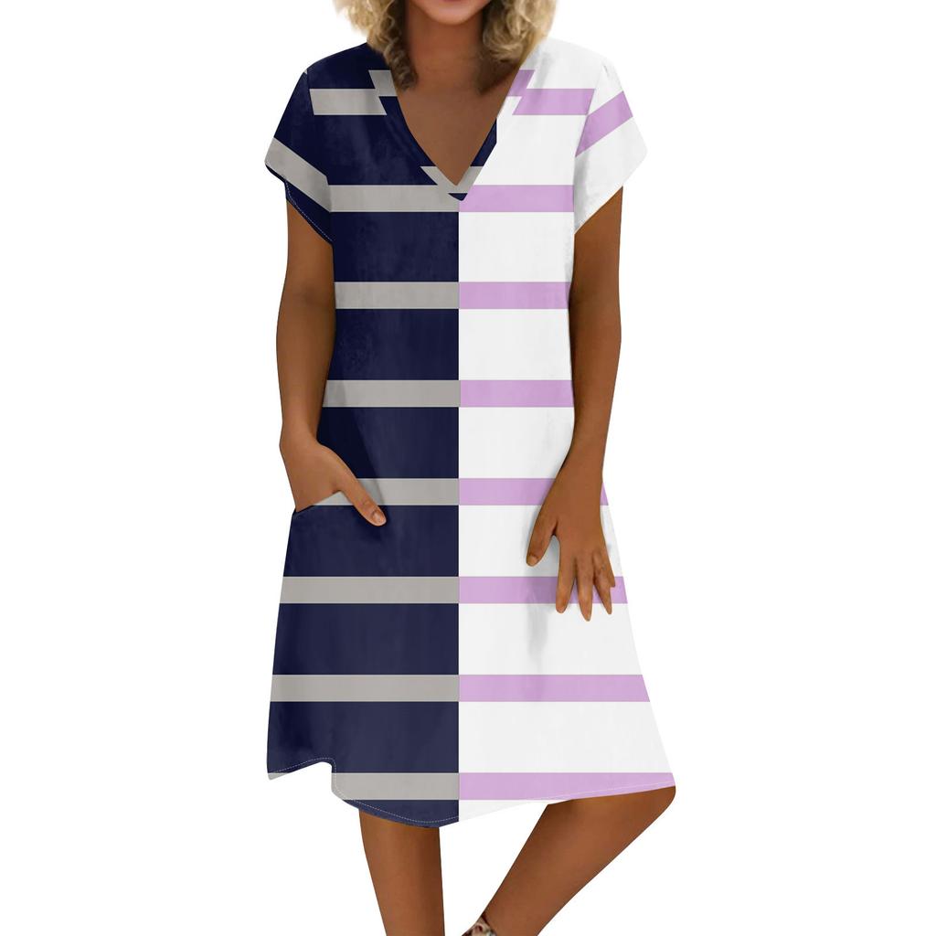 Women's Summer V-neck Short Sleeve Printed Cotton And Linen Dress