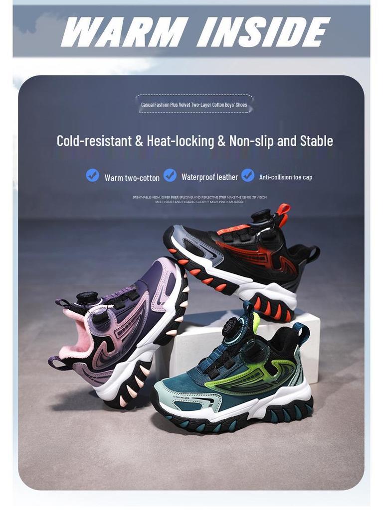 Waterproof Leather Boys' Sports Shoes with Rotating Button, Cotton and Velvet Lining, for Teens and Big Kids