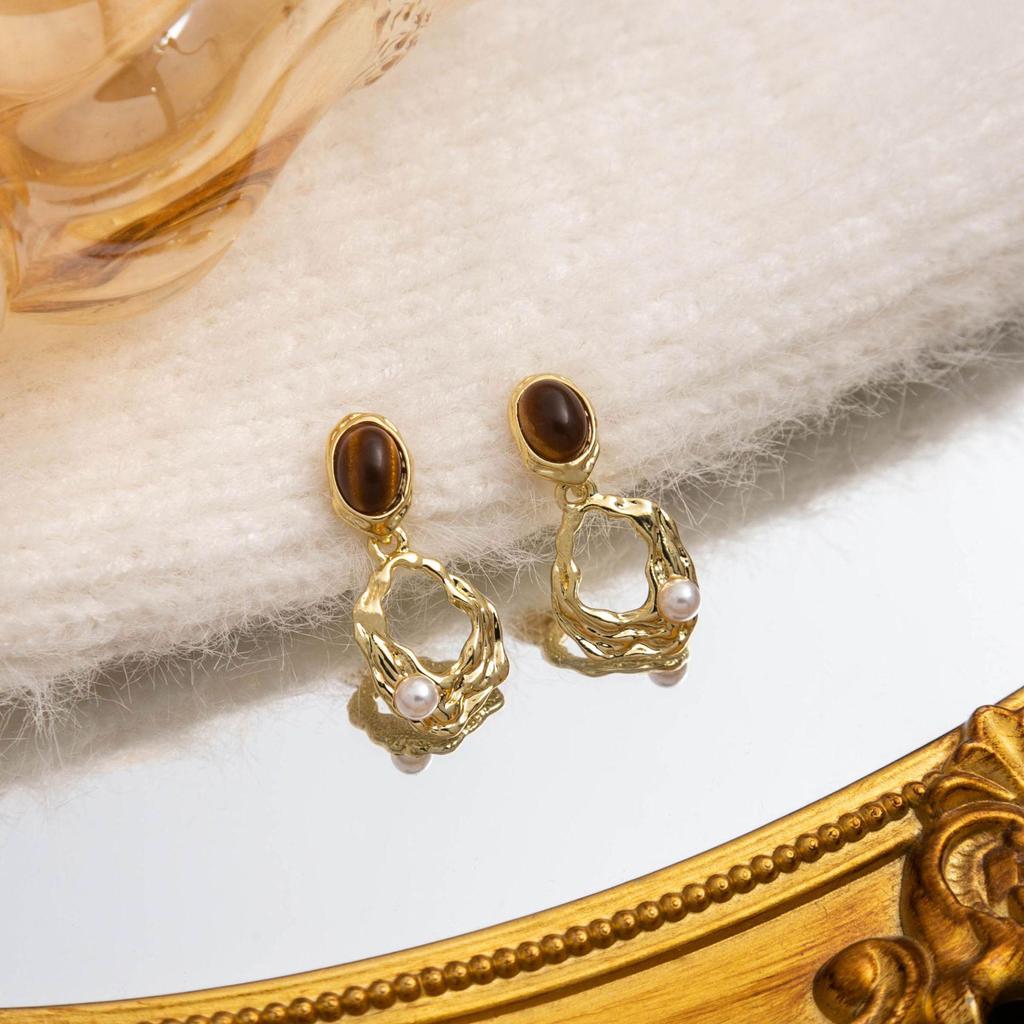 Silver Needle Tiger's Eye 925 Metal Earrings - Retro Hollow Irregular Design