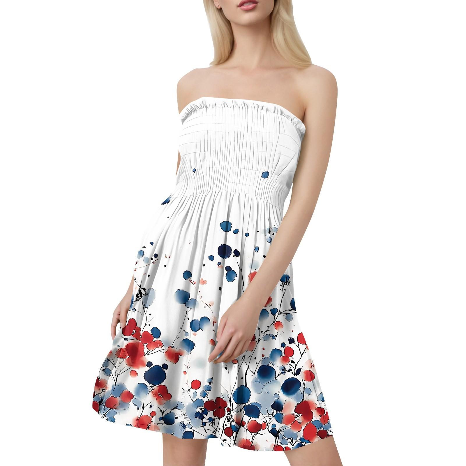 

Fashion Women s Casual Bandeau Floral Print Sleeveless Dress M червоний