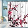 Chinese Ink Plum Blossom Shower Curtain Red Flowers Birds Artistic Design Eastern Aesthetic Decor Waterproof Quick Setup