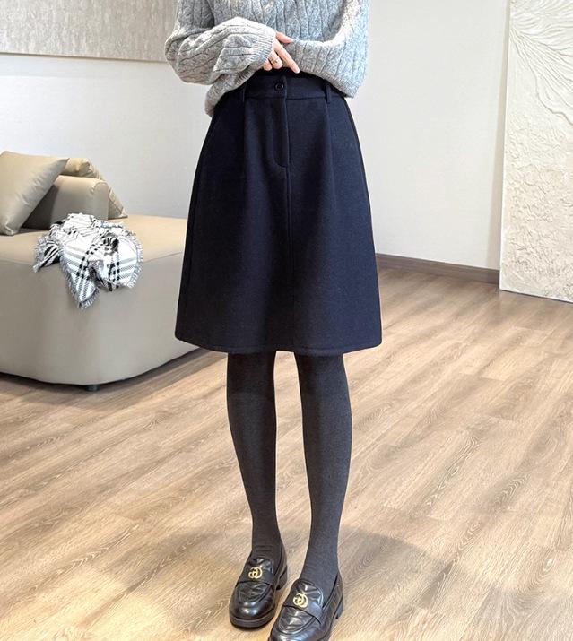 Women's Elegant A-line Wool Blend Skirt with Elastic Waist for Autumn/Winter