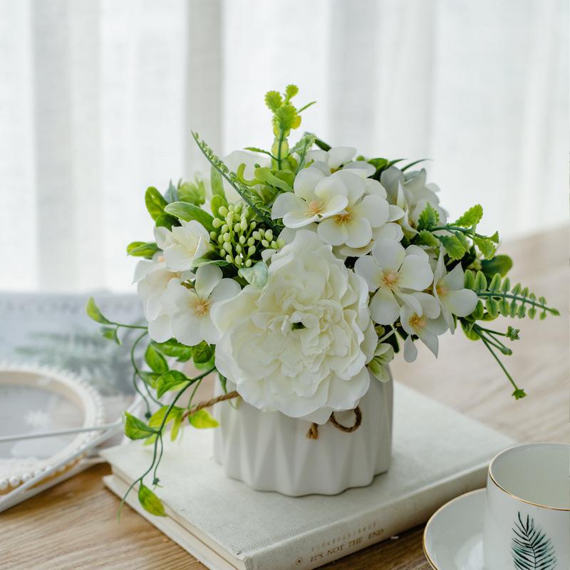 Artificial Flowers with Small Ceramic Vase Faux Roses Plants Eucalyptus Leaves Berries Flower Arrangements Decorations for Home