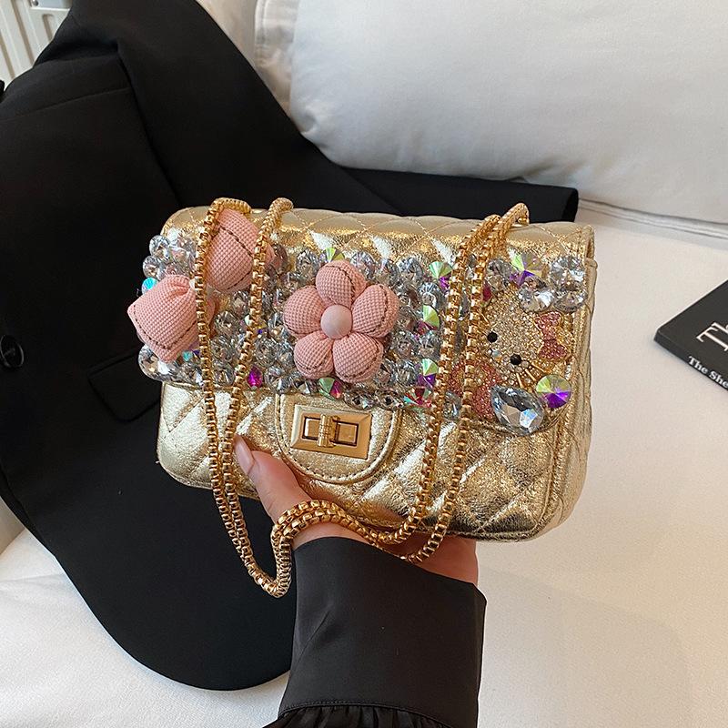 Cute Doll Toy Bag, Crossbody Bag, Elegant Diamond-encrusted French Check Small Bag