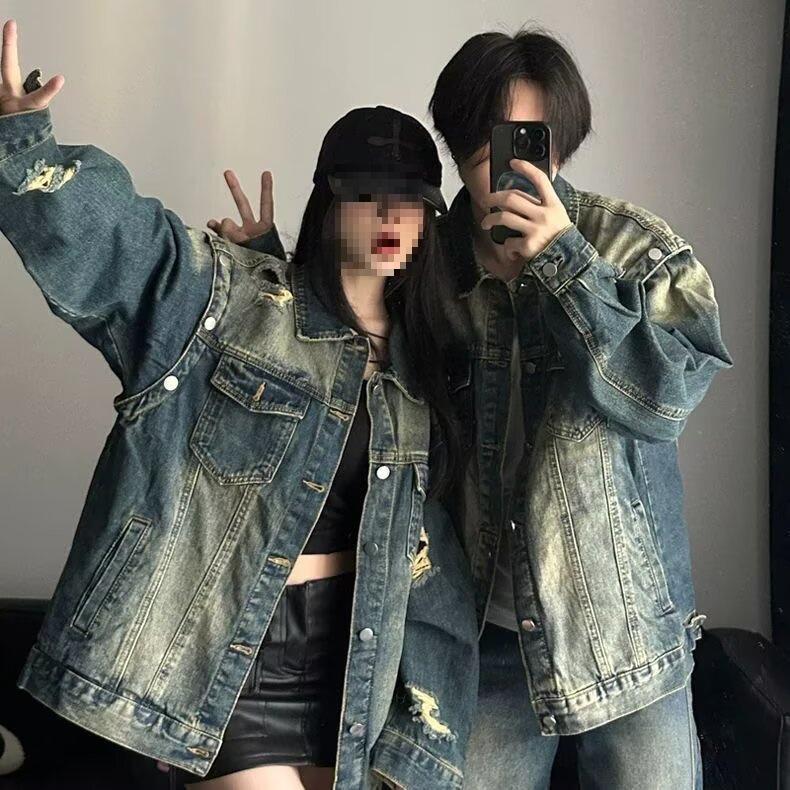 Unisex Retro Denim Motorcycle Jacket: Autumn/Winter Casual Trend, Loose Fit with Lapel