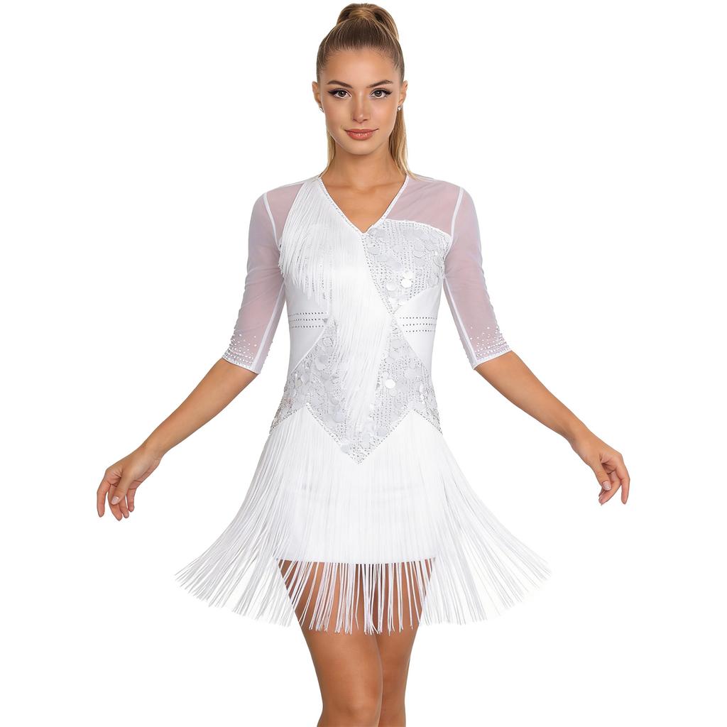 Ladies Glittery Sequin Dance Dress V Neck Half Sleeve Tiered Tassel Design Rhinestone Details Latin Cha Cha Tango Salsa Costume