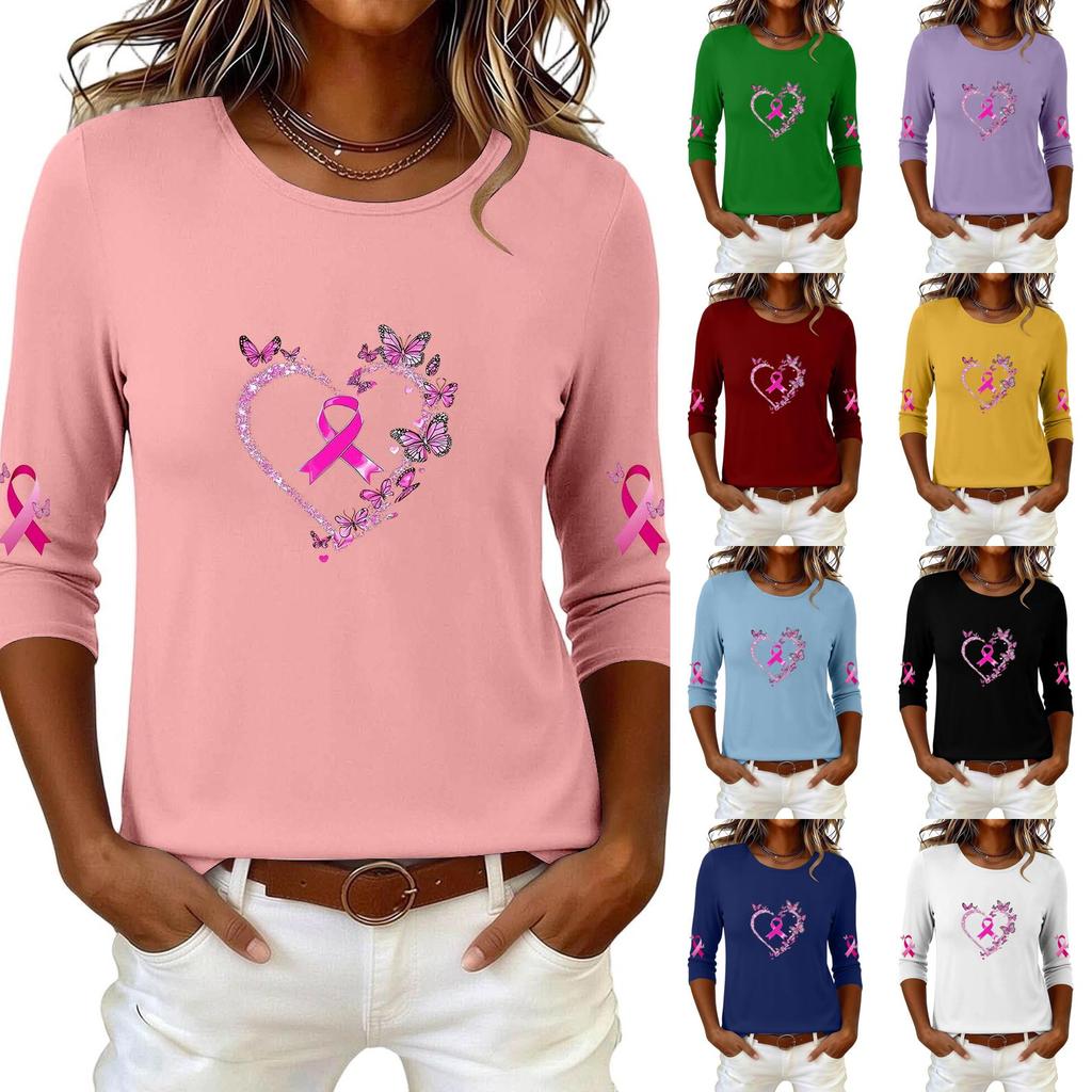 Women's Casual Printed Top with Heart and Butterfly Design, Round Neck, Three-Quarter Sleeves, Loose Fit
