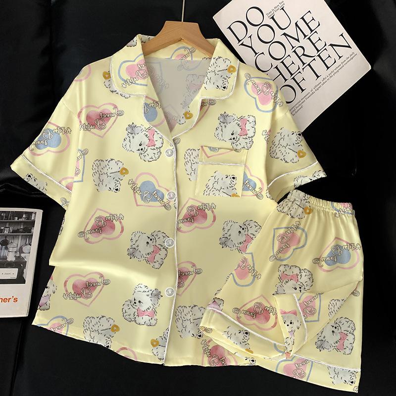 

Милый щенок Ветер Холодный шелк Прохладный Повседневный Пижамный комплект Женский Летний с короткими рукавами Сладкий Домашний комплект 2XL