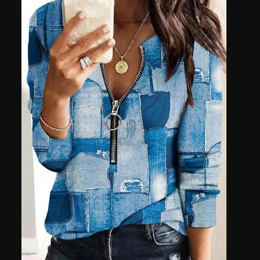 Geometric Printed Long Sleeved Half Zip Women's Shirt Sweatshirt