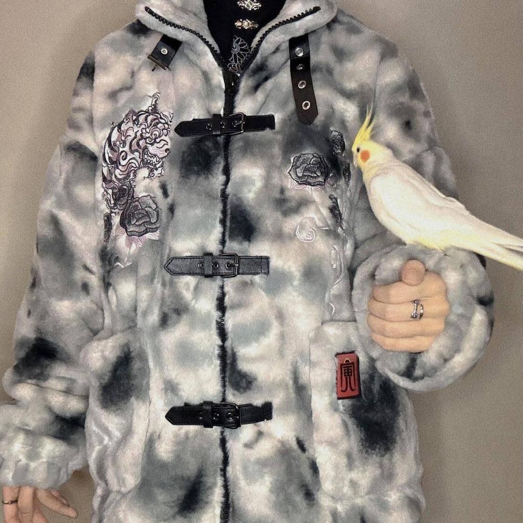 Dark Style Sheyin Faux Rabbit Fur Coat - Quirky Embroidered Stand-Up Collar for Autumn/Winter