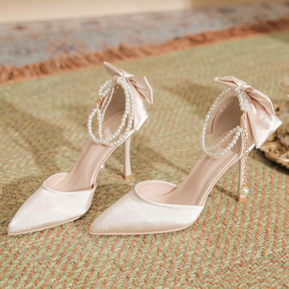 Fashion High Heeled Women's New Pointed Thin Heel Silk Satin Hollow Heel Bow High Heels Women Versatile Commuter Single Shoes for Women