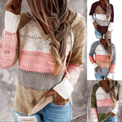 Damenmode Tops Casual Patchwork V-Ausschnitt Langarm Kapuzenpullover Bluse Nickerchen