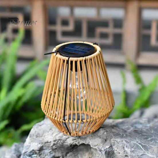 Solar Rattan Bambus Lampe med Lyssensor Automatisk PÅ/AV IP65 Vanntett Retro Stil Håndlaget dekorativ Solar Lanterne Dekor