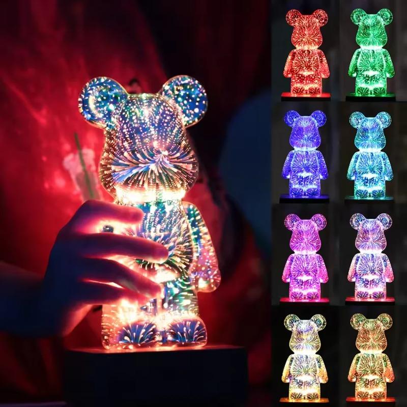 LED 3D Bear Fireworks Night Light USB Room Decoration Ambient Light Suitable for Children Room Bedroom Christmas Decoration
