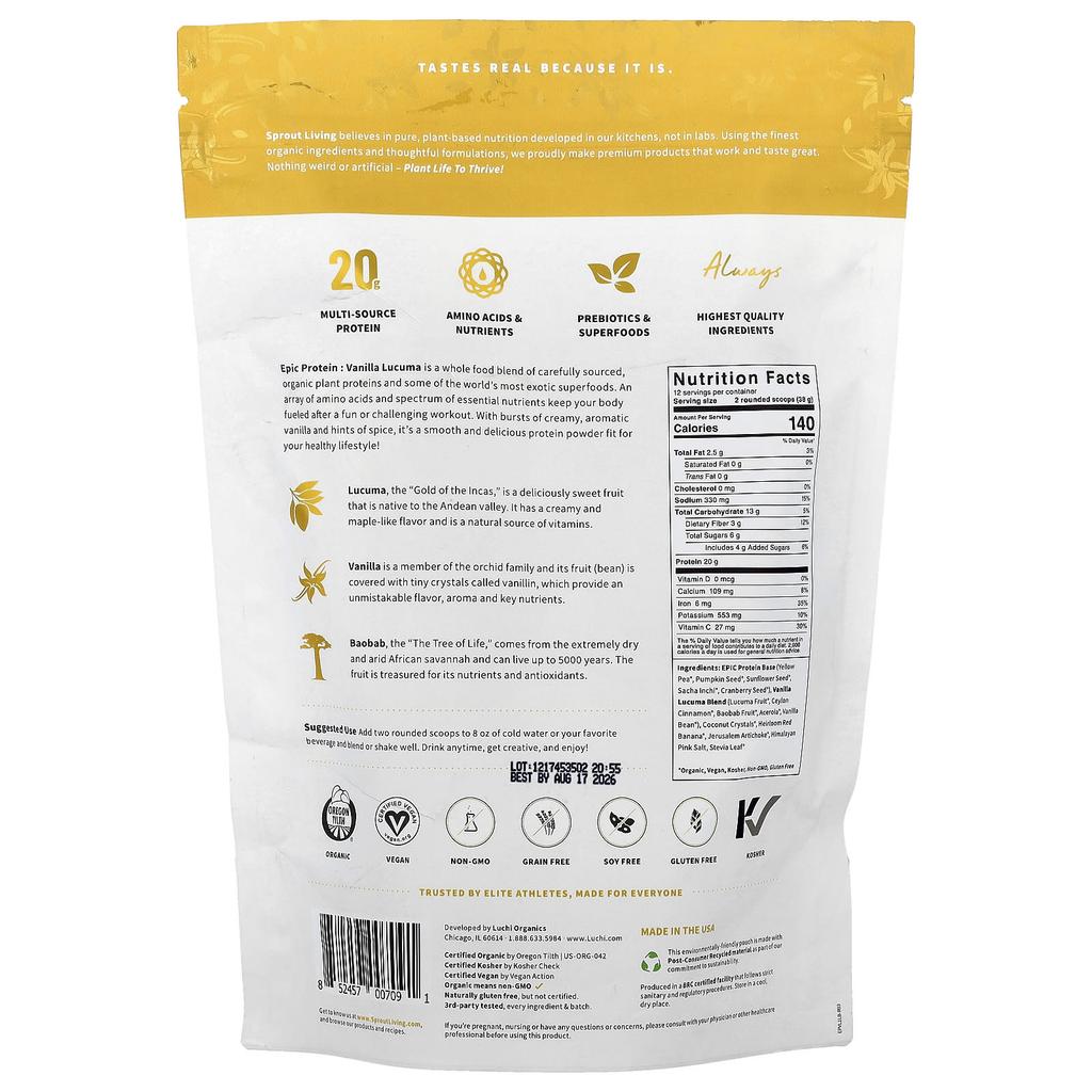 Epic Protein®, Organic Plant Protein + Superfoods, Vanilla Lucuma, 456G (1Lb)