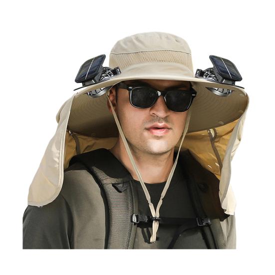 Bucket Hat Lightweight Breathable Water-Repellent Fabric Hiking Hat Adjustable Chin Cord Foldable Neck Guard Sun Hat with 2 Fans