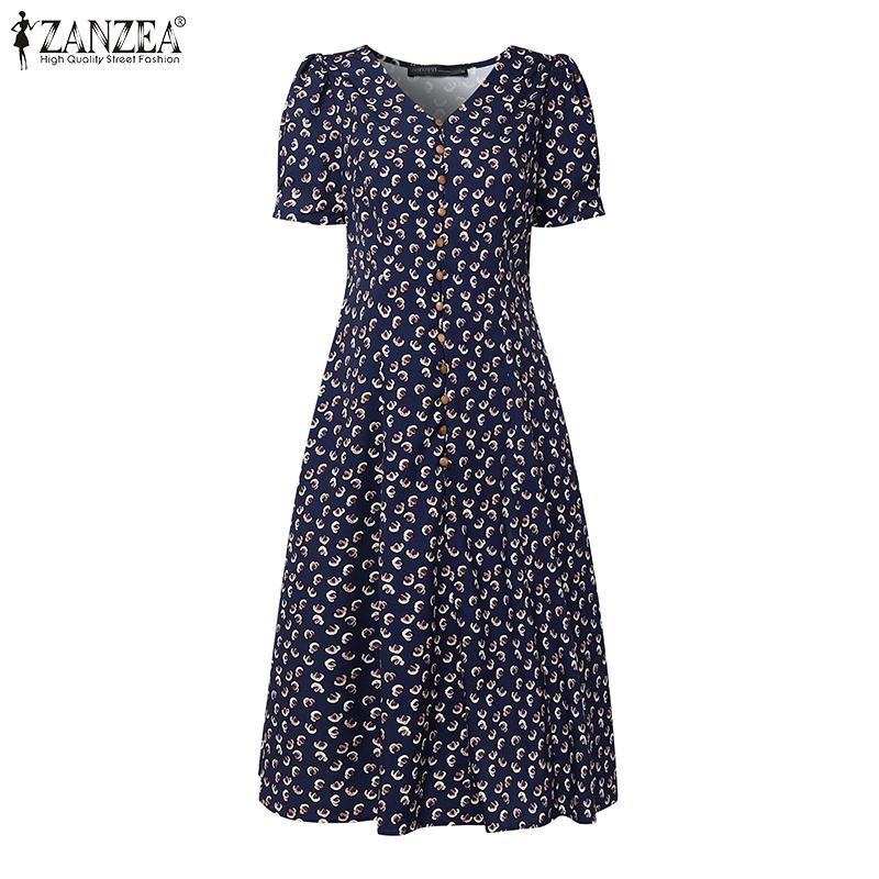 ZANZEA Dámské ležérní letní šaty s krátkým rukávem a potiskem s výstřihem do V