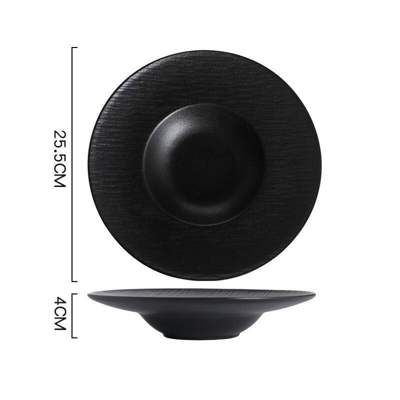 Japanese Retro Style Deep Ceramic Plate with Underglaze - Flying Saucer, Straw Hat, Round Pasta and Soup Plate Design